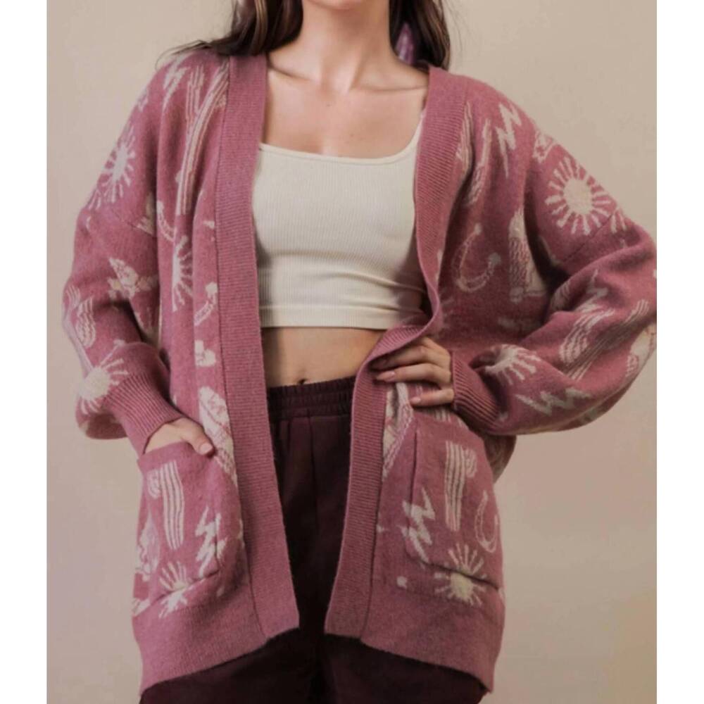 NEW VERY J western graphic knit sweater cardigan in mauve